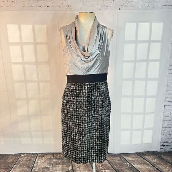 🔥5/25 sale🔥Eliza J Silver Silk Cowl Neck Tweed Pencil Skirt Sheath Dress - Picture 1 of 12